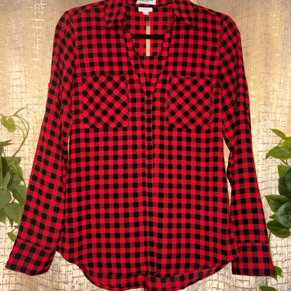 NWOT Express Red & Black Buffalo Plaid Button-Down Shirt | Semi-sheer |Size M